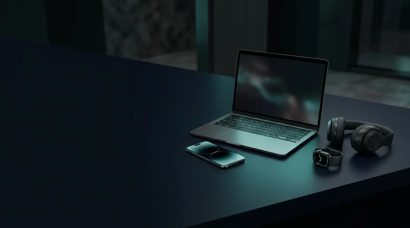 Smartphone, laptop, headphones and smartwatch on a dark desk